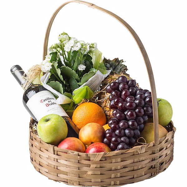 cesta de frutas e vinhos
