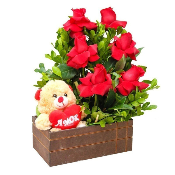 Caixa  Amor perfeito com 6 Rosas Importadas / ursinho